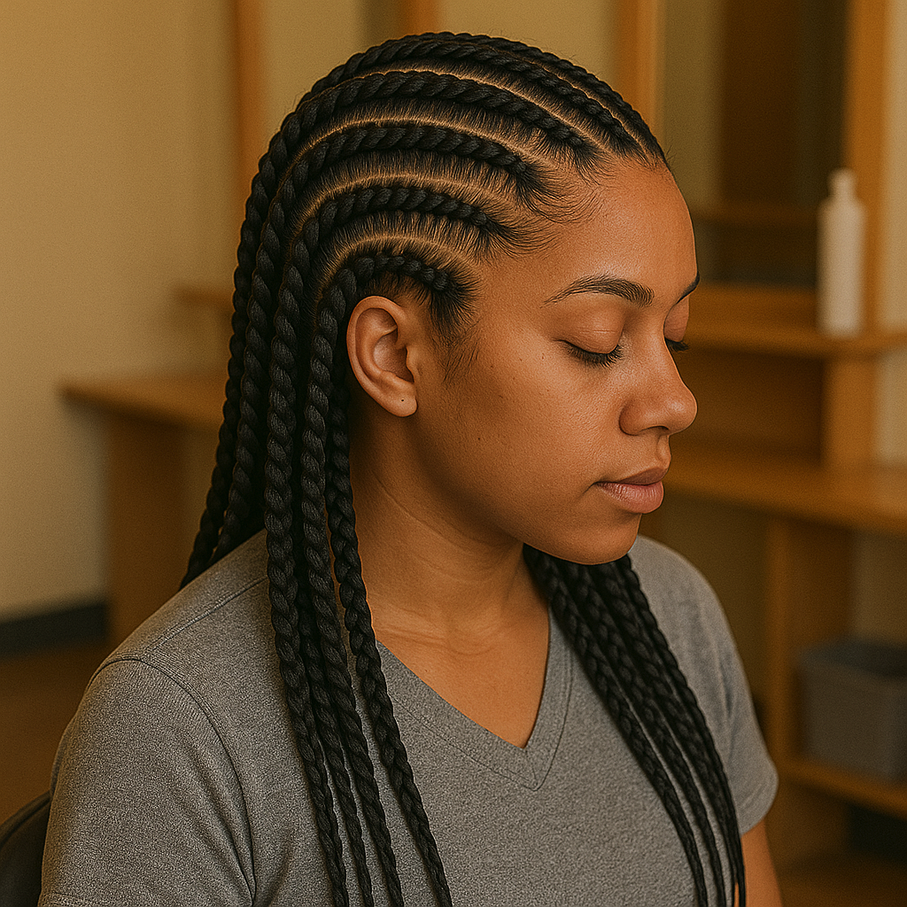 Close-up of beautiful cornrow braids hairstyle by Crown Studio by Diane, professional African hair braider in Frederick, Maryland